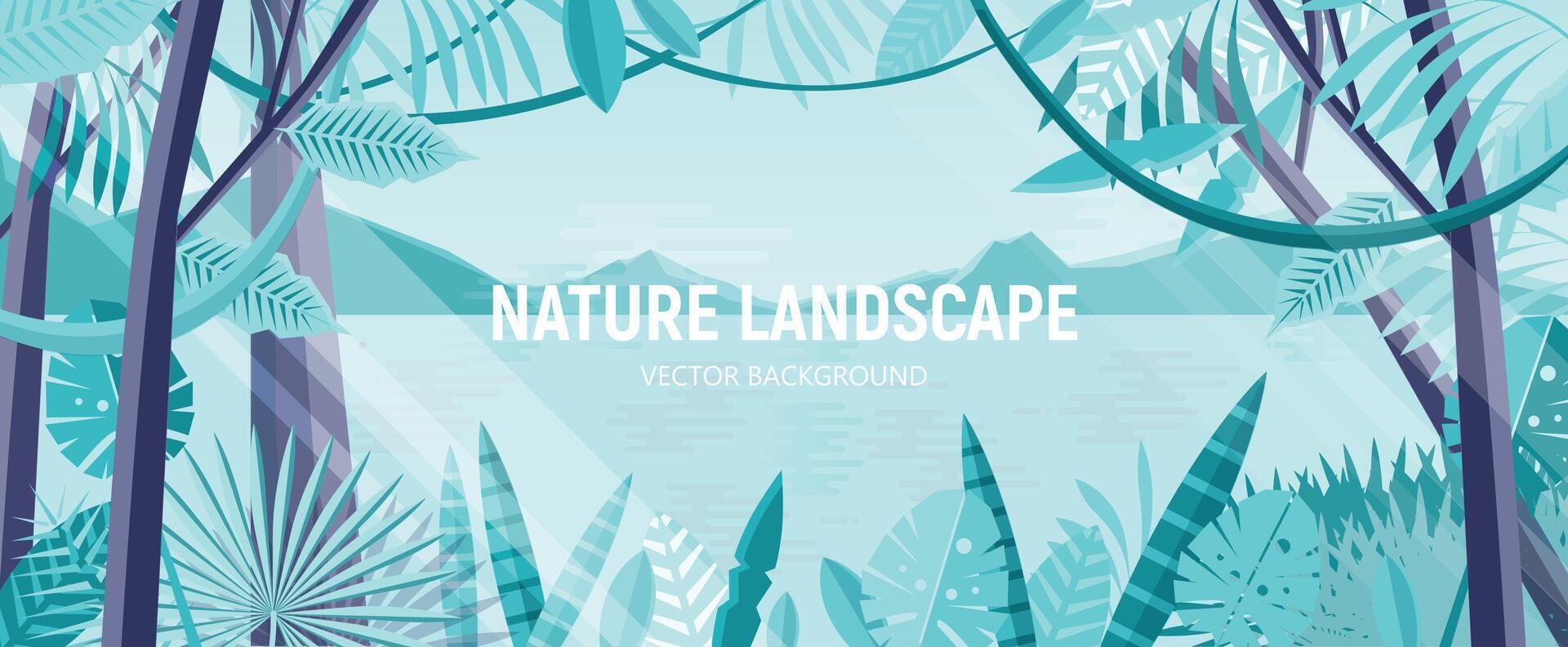 Natural landscape with green foliage of exotic trees and plants growing in tropical forest or jungle against sea, mountains and sky on background. Horizontal backdrop. Modern vector illustration.