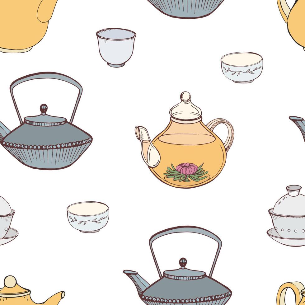 elegante sin costura modelo con mano dibujado tradicional japonés té ceremonia atributos - hierro fundido tetera tetsubina, tetera, tazas o bochas. vistoso vector ilustración para textil imprimir, fondo de pantalla.