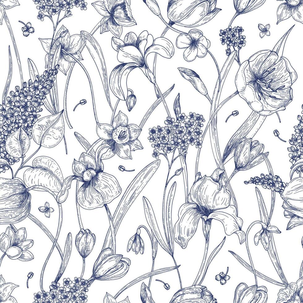 Beautiful natural seamless pattern with spring flowers hand drawn with contour lines on white background. Elegant flowering plants in bloom. Vector illustration for textile print, wrapping paper.