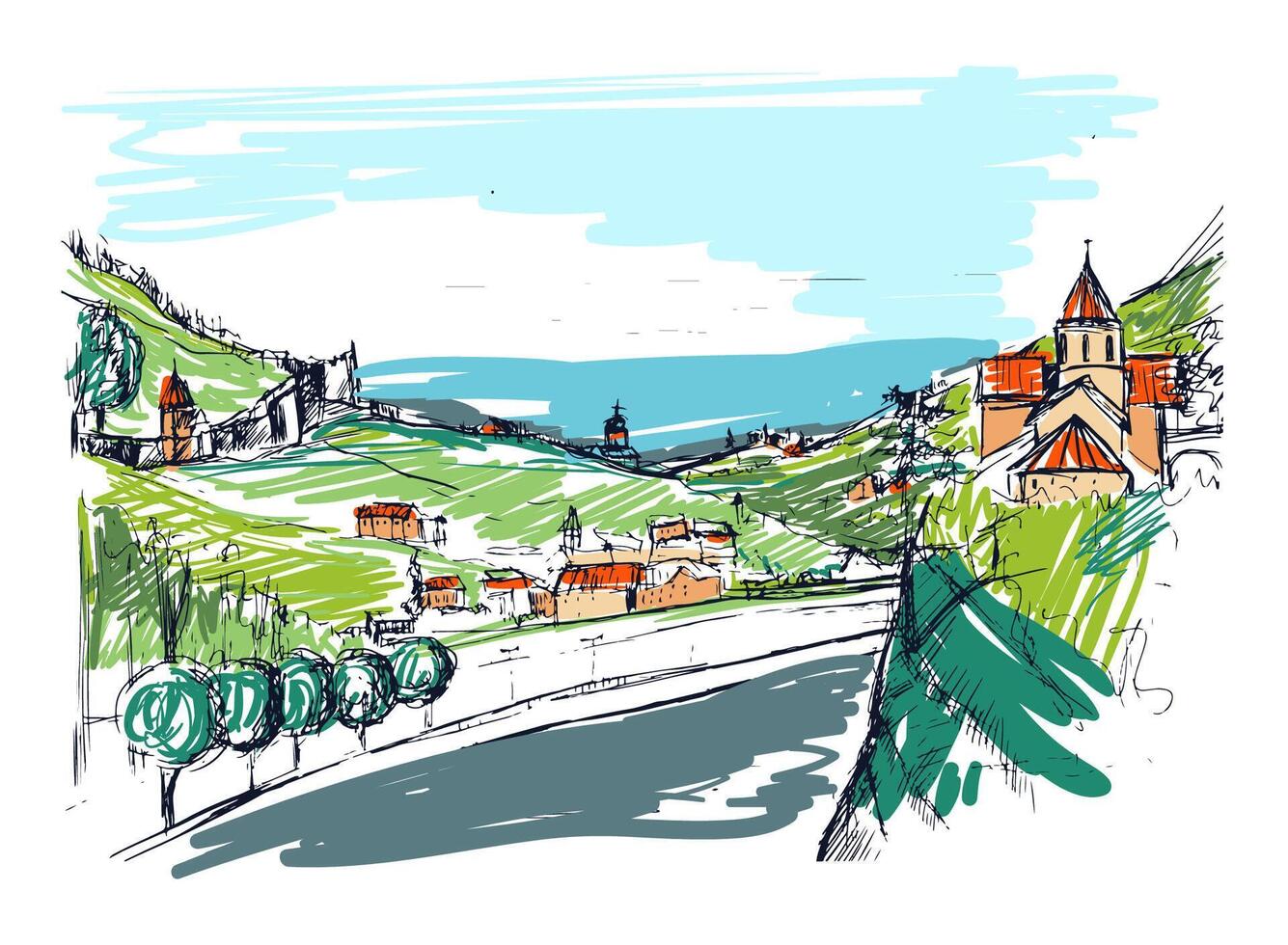 Rough draft of small Georgian town street, buildings and trees against mountains on background. Landscape with settlement located near hills hand drawn. Colored sketch vector illustration.