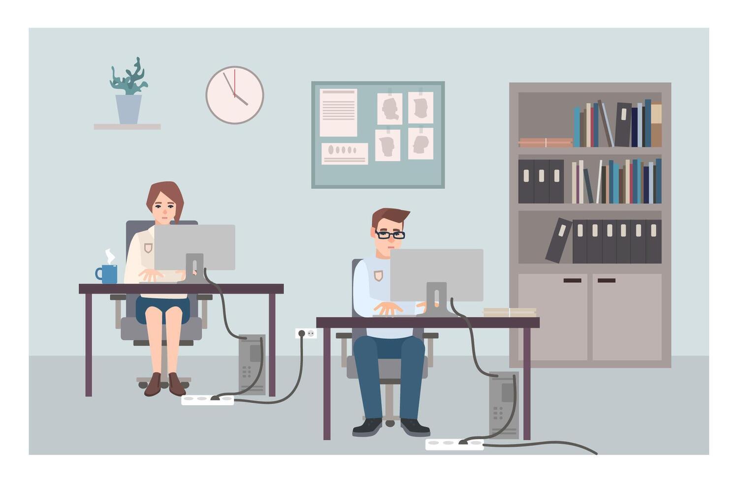 Young male and female police officers sitting at desks and investigating crimes. Policemen or cops working at computers at criminal investigation office. Flat cartoon characters. Vector illustration.