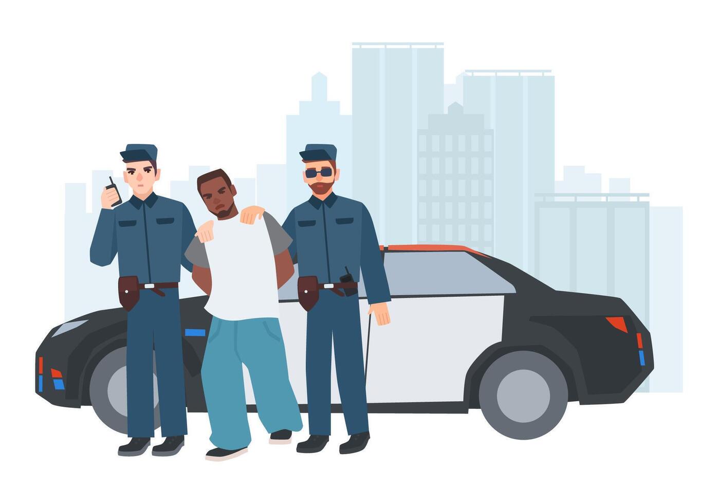 Two policemen in uniform standing near police car with caught criminal against city buildings on background. Arrested thief escorted by pair of cops. Cartoon characters. Colorful vector illustration.