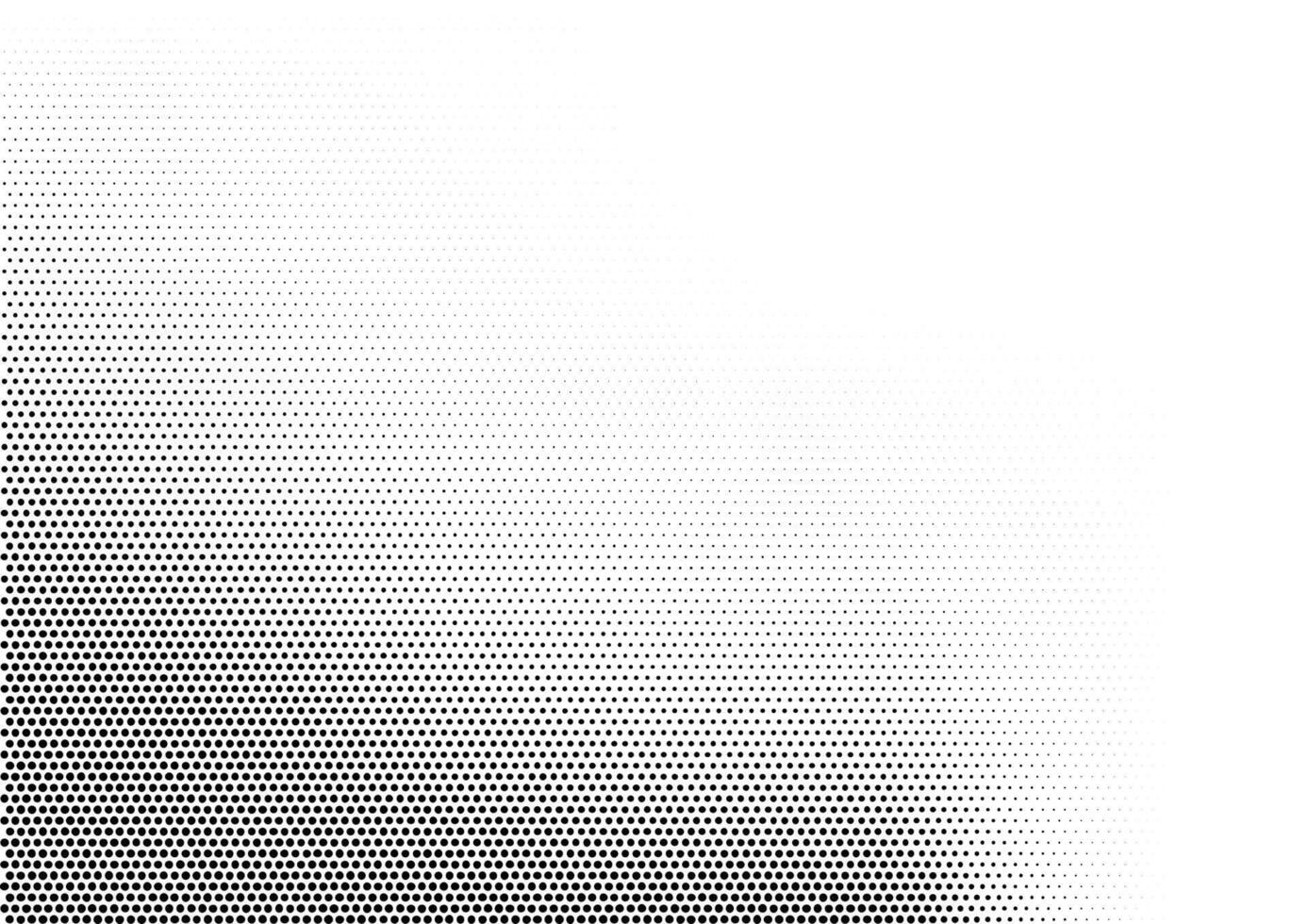 Abstract horizontal halftone monochrome background with dots of different size accumulated in left bottom angle. Grunge gradient dotted texture. Modern vector illustration in black and white colors.
