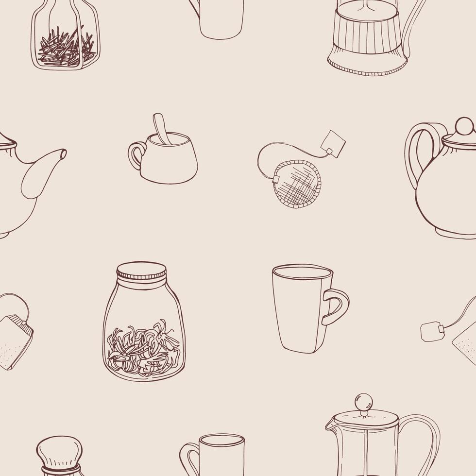 Beautiful seamless pattern with hand drawn kitchen tools and ingredients for preparing and drinking tea - french press, teapot, cup, mug, herbs. Monochrome vector illustration for wallpaper.