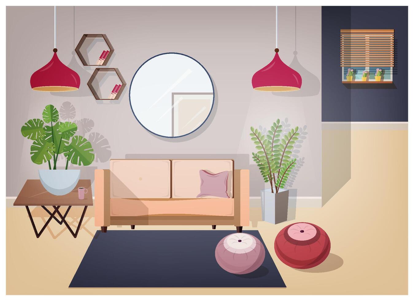 Interior of living room furnished with stylish comfortable furniture and home decorations - cozy sofa, coffee table, house plants, lamps, mirror, carpet and poufs. Vector illustration in flat style.