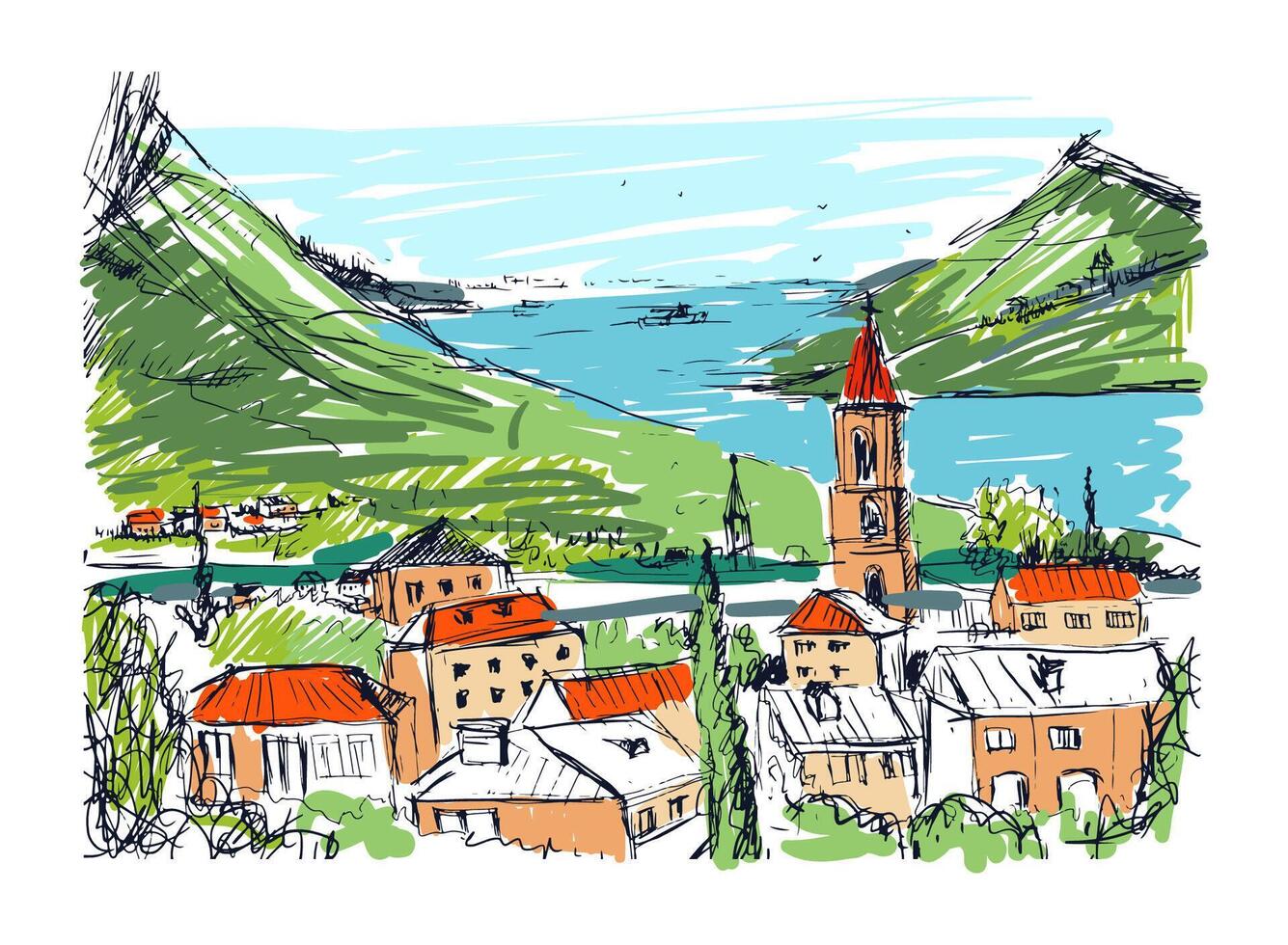 Colored hand drawn landscape with old Georgian town, mountains and harbor. Beautiful colorful freehand sketch with buildings and streets of small city located near sea and hills. Vector illustration.