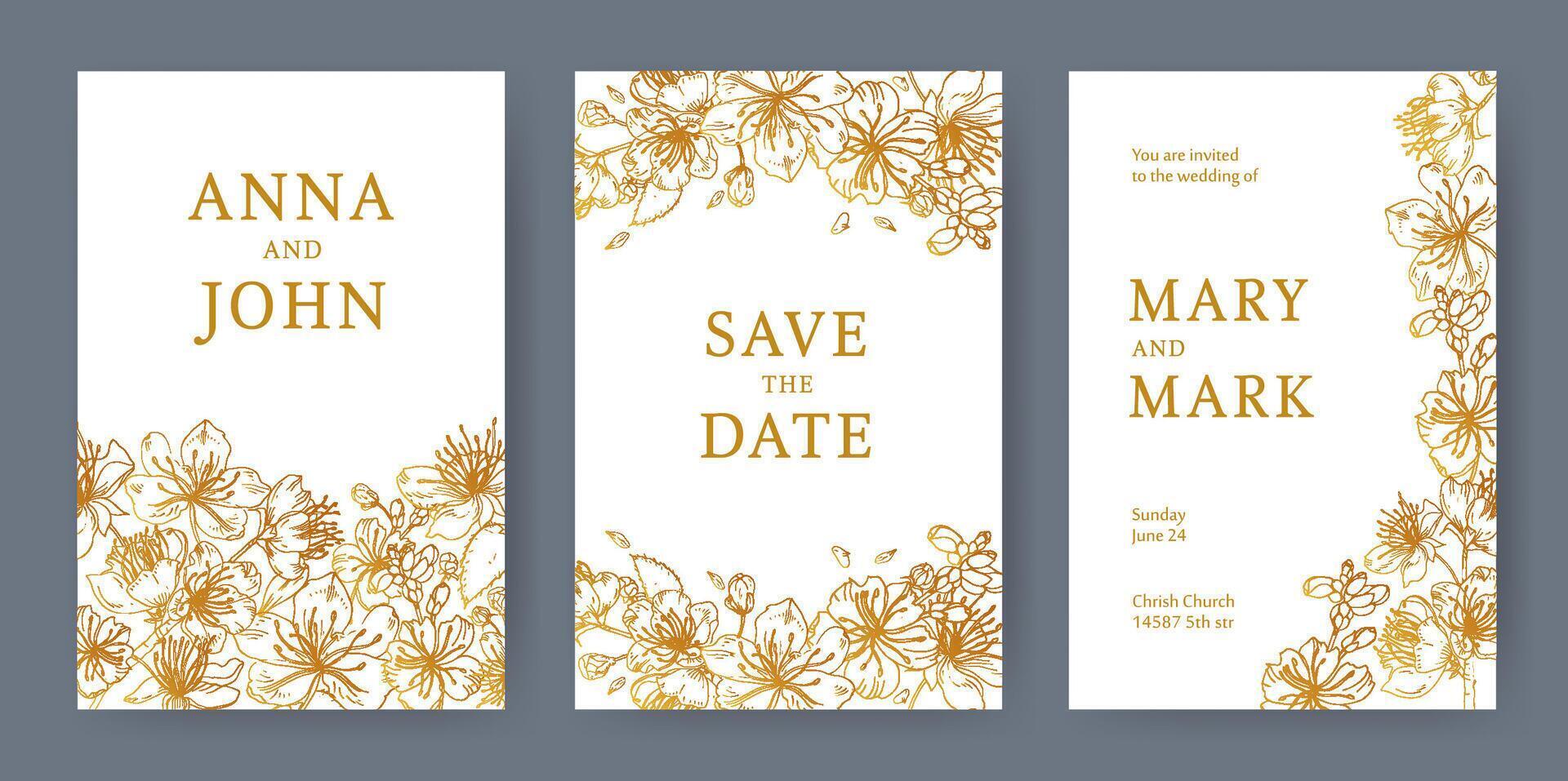 Collection of elegant templates for flyer, Save the Date card or wedding invitation with beautiful Japanese sakura flowers hand drawn with yellow lines on white background. Vector illustration.