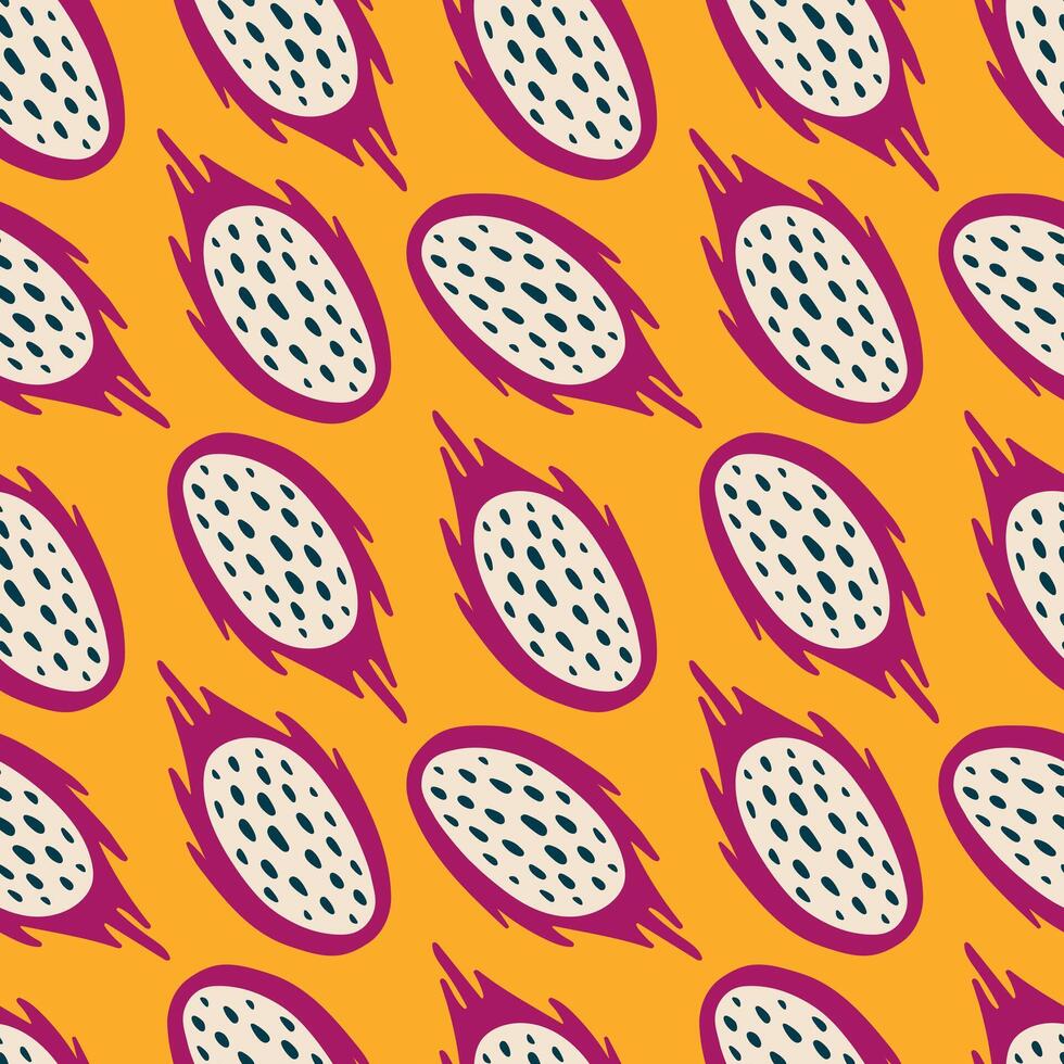 Pitaya seamless pattern. Dragonfruit on a yellow background. Modern vector illustration.