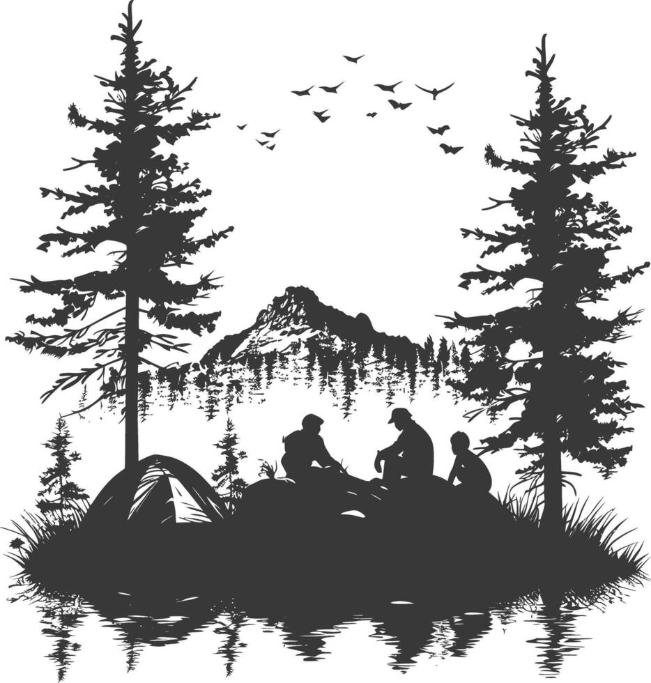 AI generated Silhouette camp activity in nature full body black color only vector