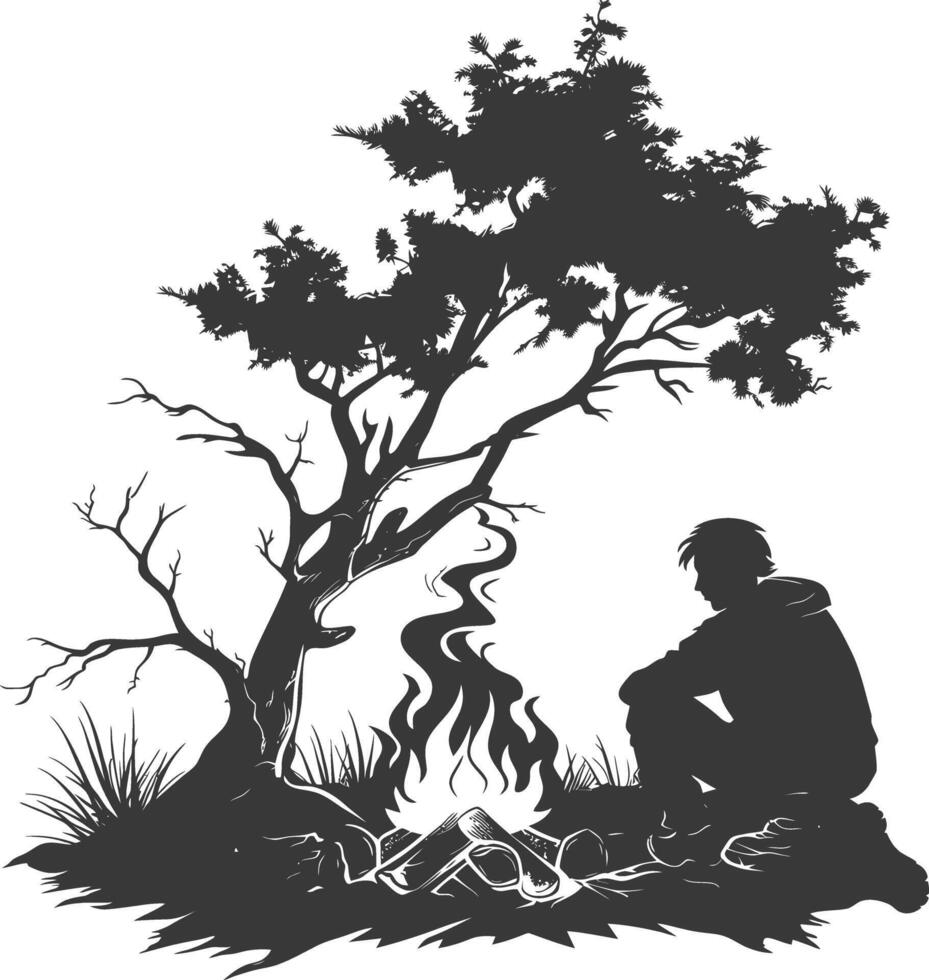 AI generated Silhouette camp activity with bonfire in nature black color only vector