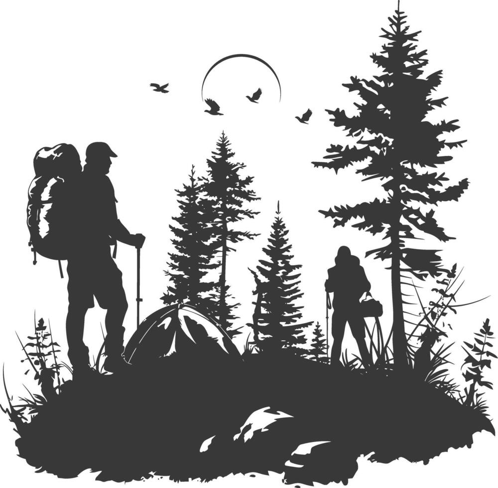 AI generated Silhouette camp activity in nature full body black color only vector