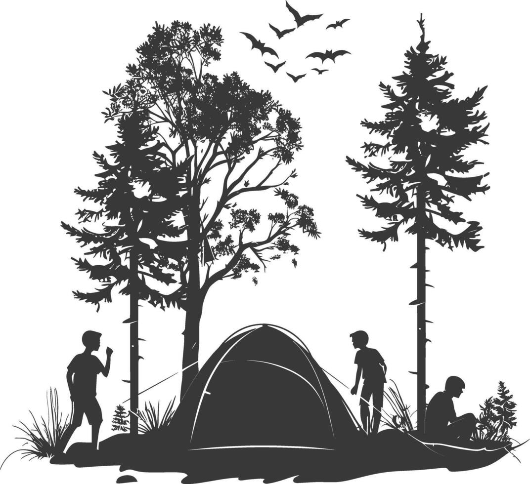 AI generated Silhouette camp activity in nature full body black color only vector