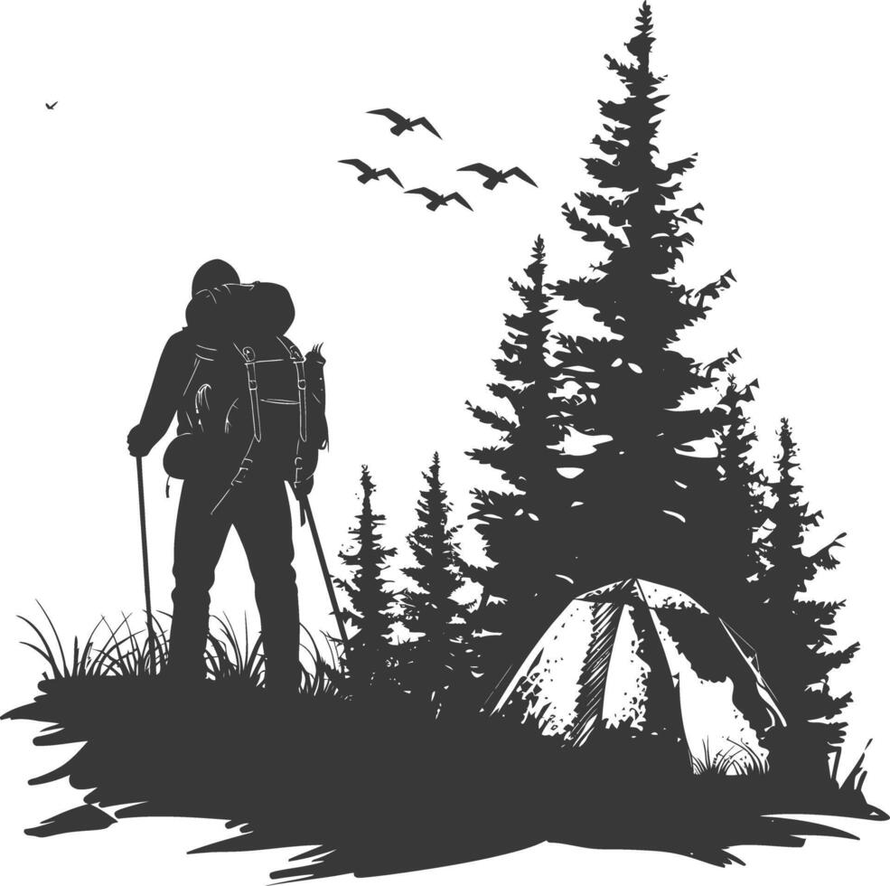 AI generated Silhouette camp activity in nature full body black color only vector