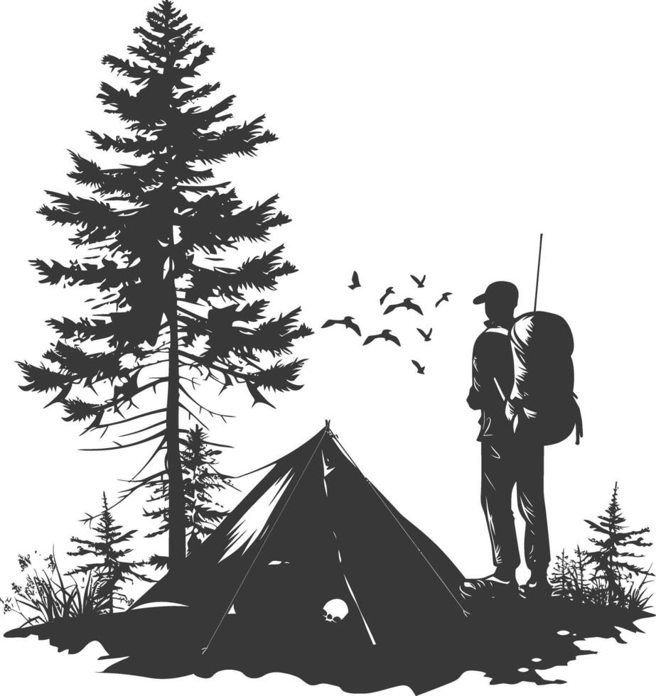 AI generated Silhouette camp activity in nature full body black color only vector