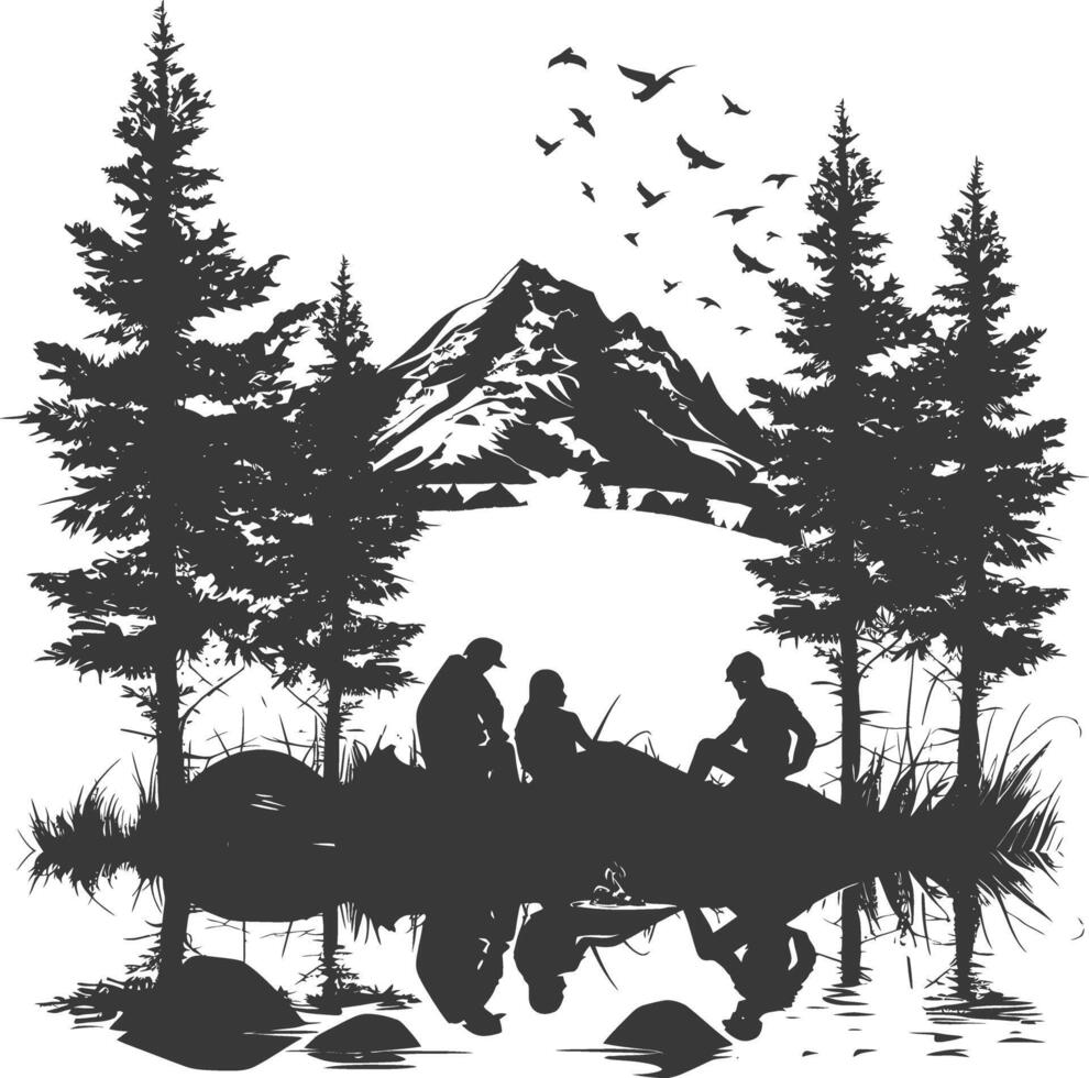 AI generated Silhouette camp activity in nature full body black color only vector