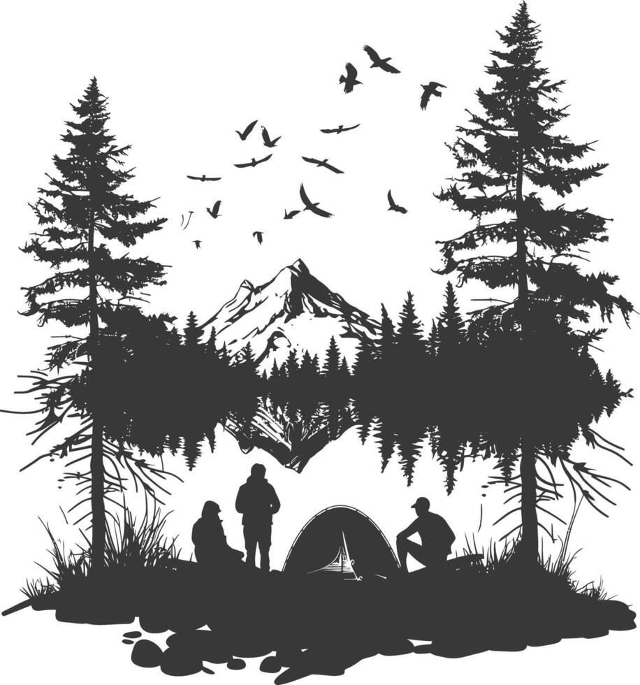 AI generated Silhouette camp activity in nature full body black color only vector