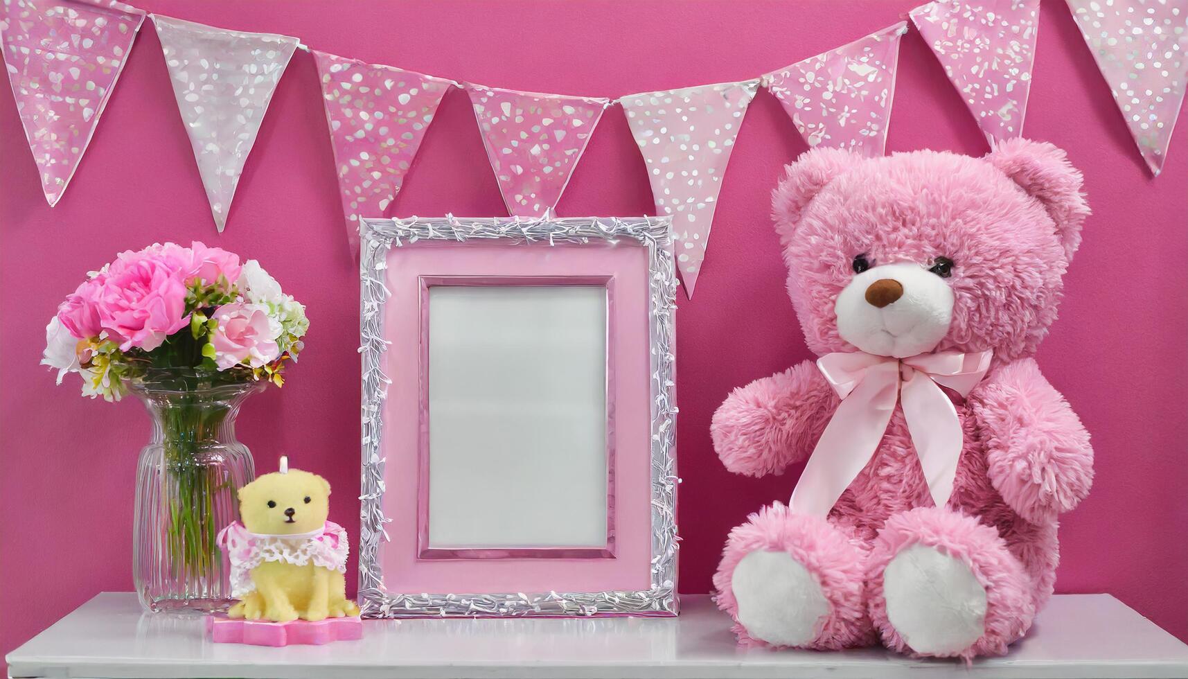 AI generated Pink teddy bear besides one pink photo frame in pink background on top of a table