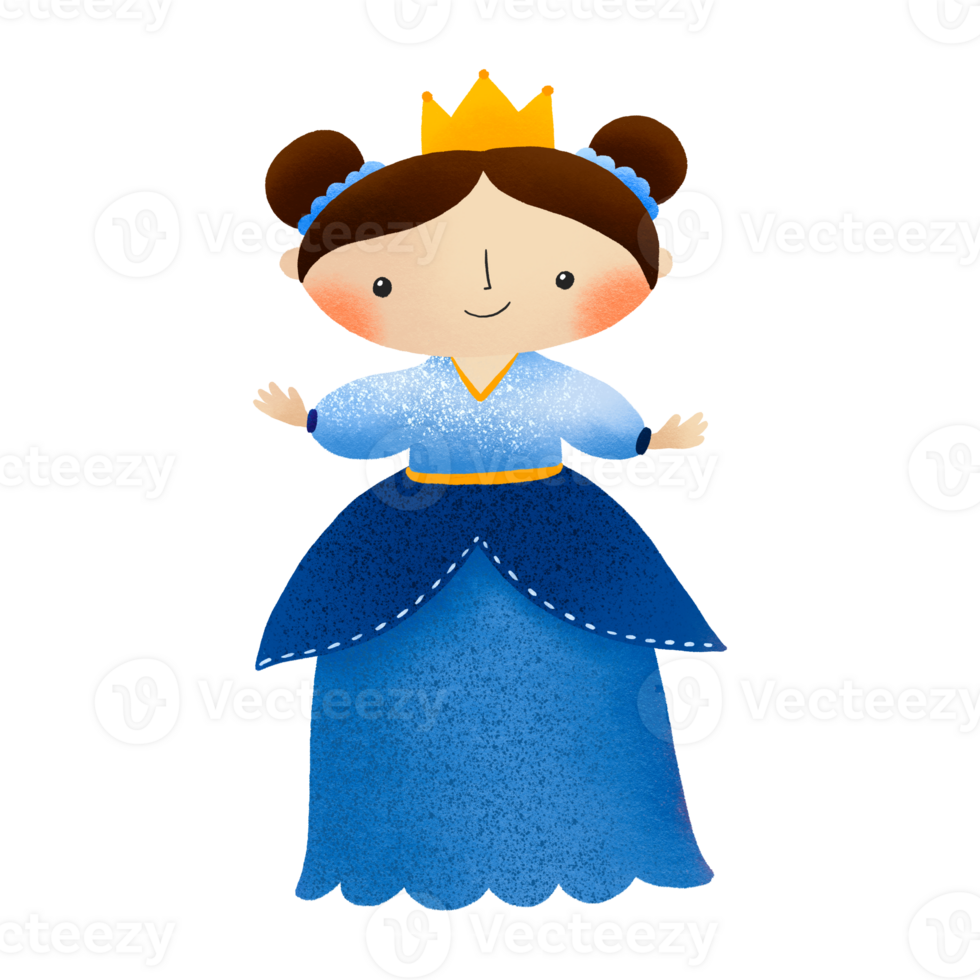 Cute princess with a crown in a blue dress. Cute baby illustration on isolated background png