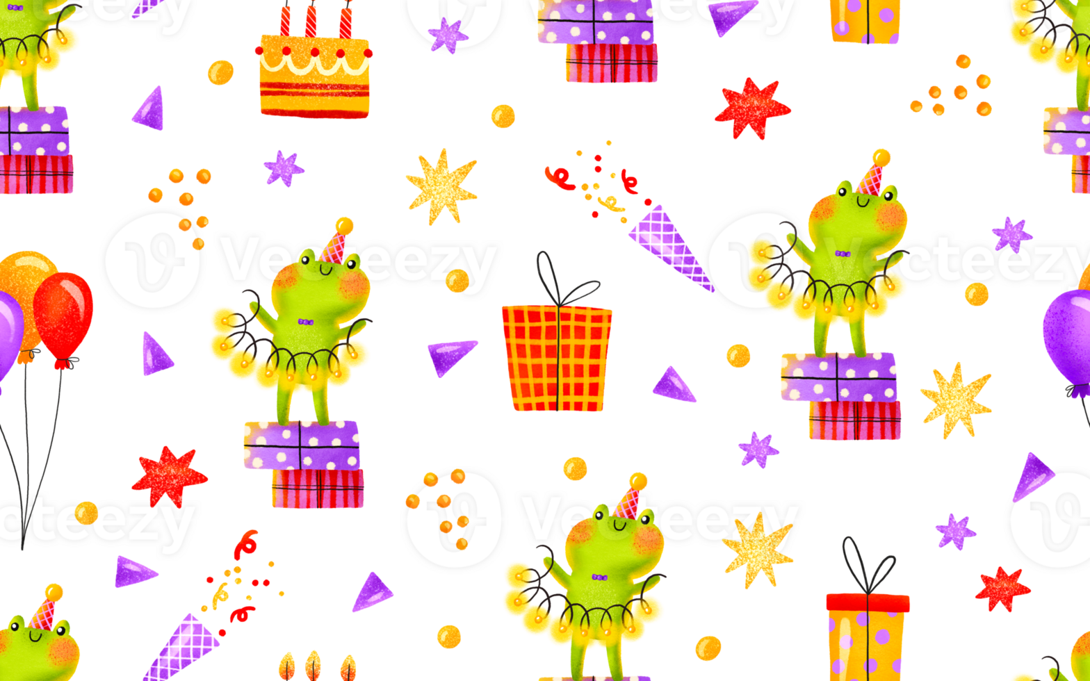 Seamless pattern with a frog for a kids holiday. The frog stands on boxes with gifts and holds a garland. Cartoon festive birthday background. Children's hand-drawn background for birthdays png
