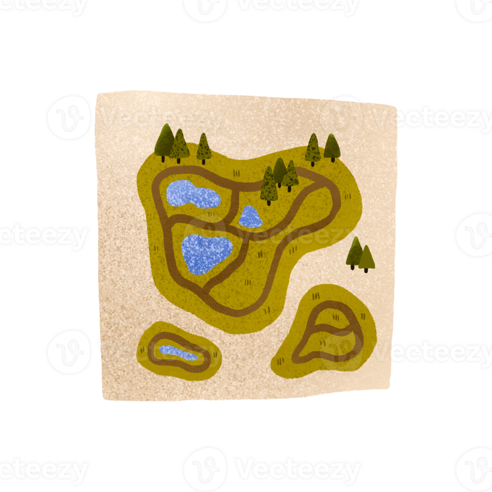 Vintage tourist map with paths and trees. Lakes and rivers. Cute children's cartoon illustration with landscape for hiking. Travel and navigation png