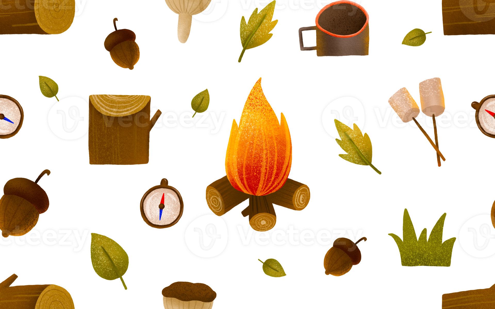 Seamless pattern with bonfire and marshmallow. Hiking in the mountains