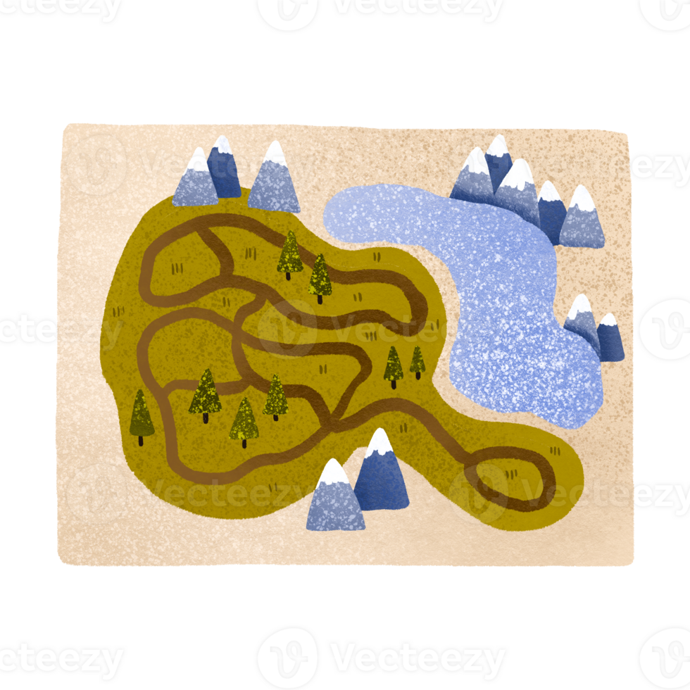 Map for a tourist with mountains and lake. Mountain range and paths, forests. Tourist map for travel. Cute children's cartoon illustration with landscape. Hike. Travel and navigation png