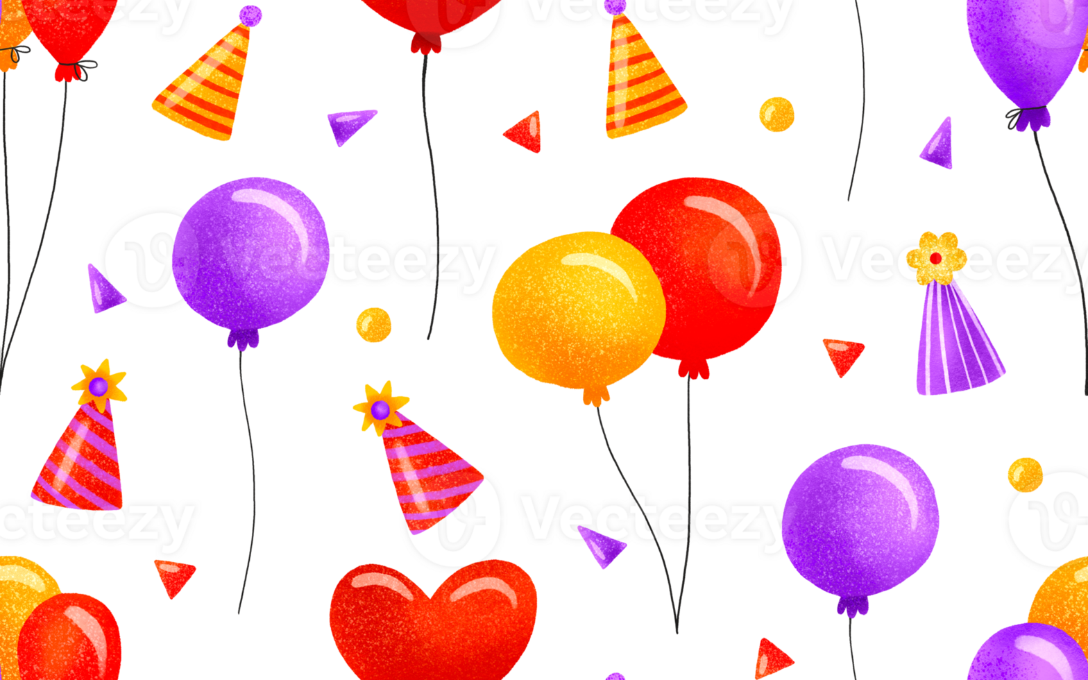 Seamless background with bright balloons, hats and decorations. Children's hand-drawn background for birthdays and children's holidays. png