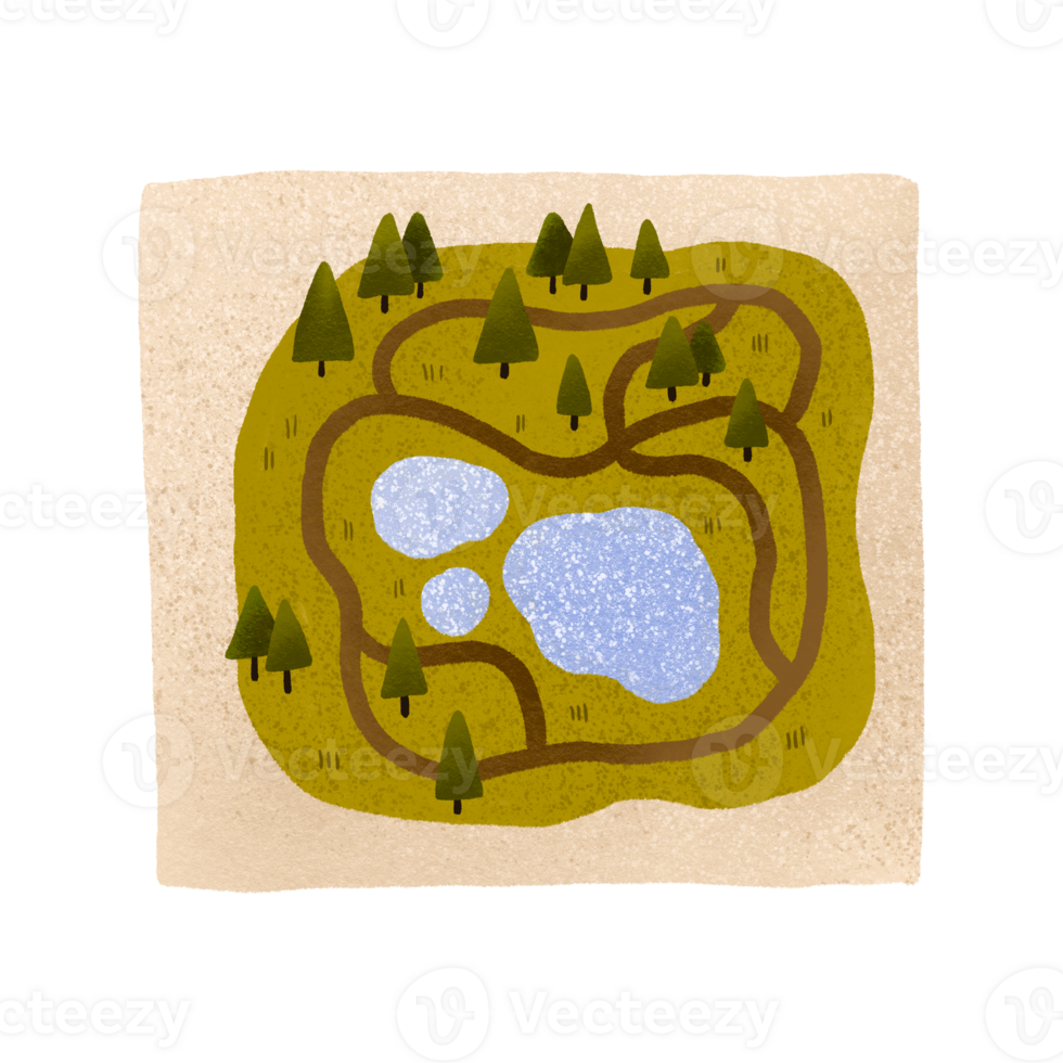 Map for tourists with coniferous forests and a lake. Tourist square map. Cute children's cartoon illustration with landscape. Hike. Travel and navigation png