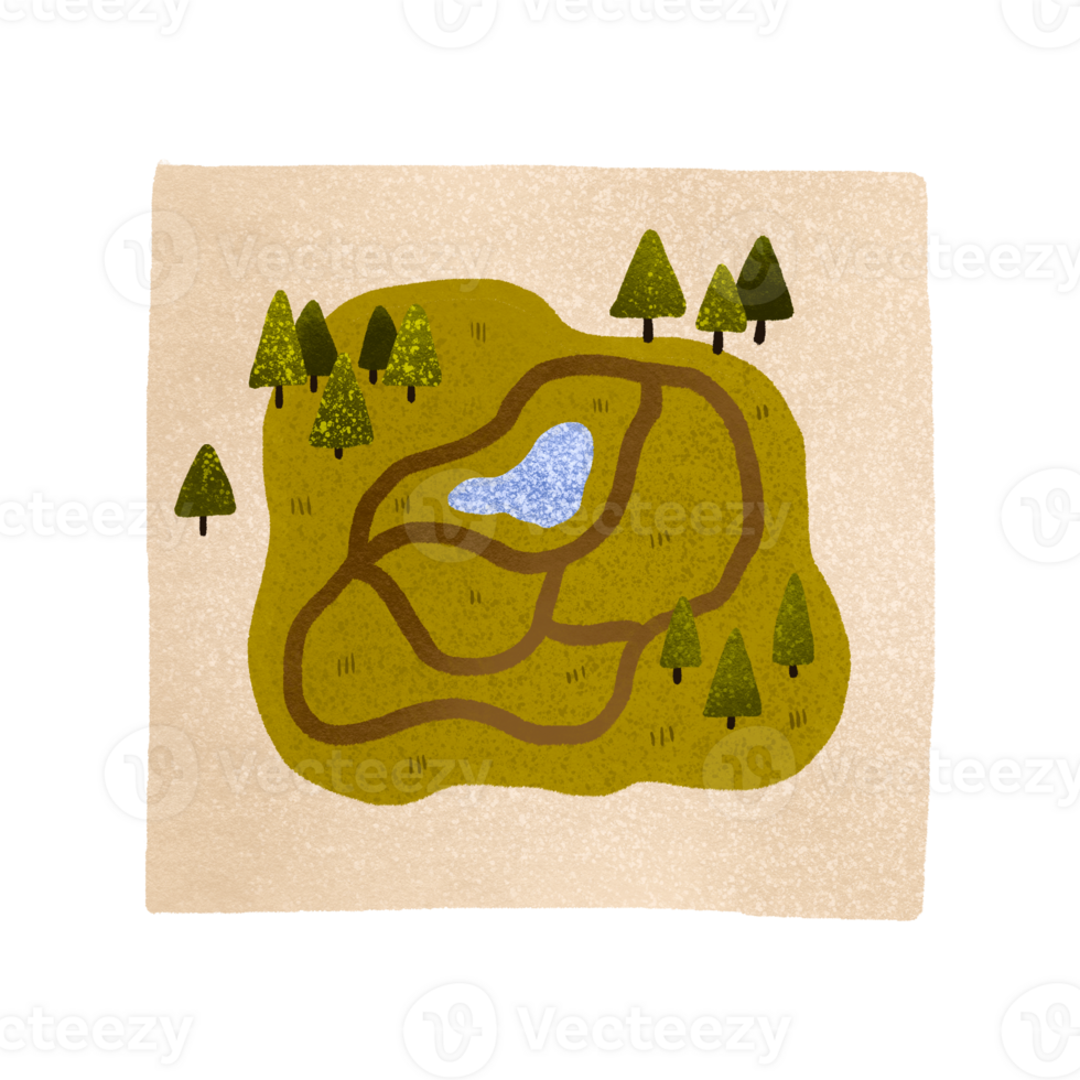 Map for a tourist with paths and trees. Cute children's cartoon illustration with landscape for hiking. Travel and navigation png