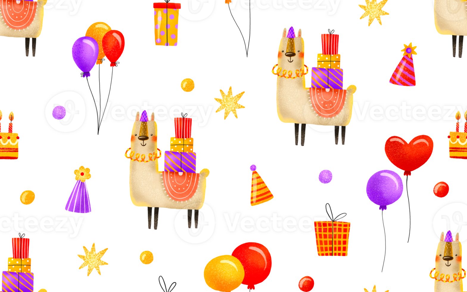 Seamless pattern with llama for kids holiday. Alpaca with gifts. Cartoon festive birthday background with cake and gifts, balloons. Children's hand-drawn background for birthdays and kids holidays png