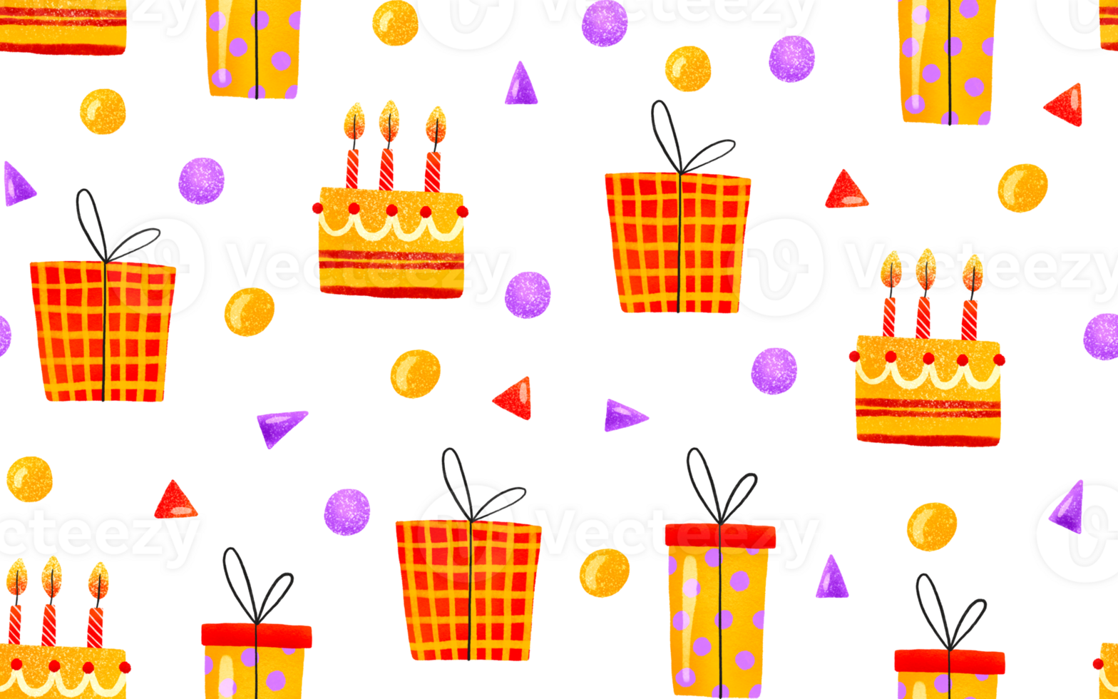 Seamless background with cakes and gifts. Happy birthday. Children's hand-drawn background for birthdays and children's holidays. png