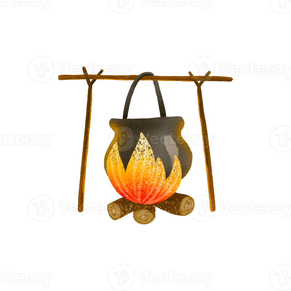 Bonfire. Food is cooked in a cast iron over a fire. Tourism. Hand drawn illustration on isolated background png