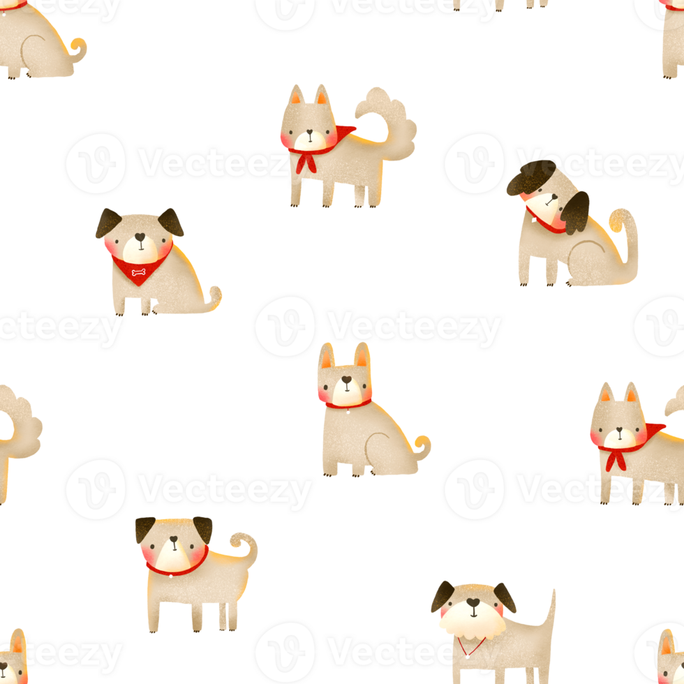 Seamless pattern with funny cartoon dogs sitting with a red collar and scarves. Puppy illustration. Hand drawn background illustration on isolated background. Kids design png