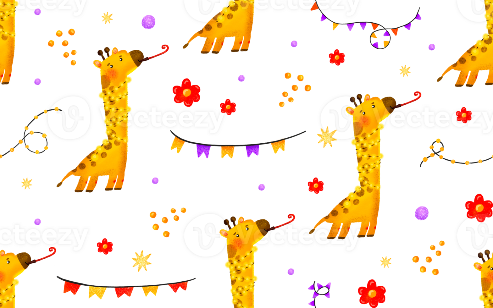 Seamless pattern with giraffe for kids holiday. Giraffe with a festive pipe and heroin. Cartoon festive background for birthday. Children's hand-drawn background for birthdays and children's holidays png