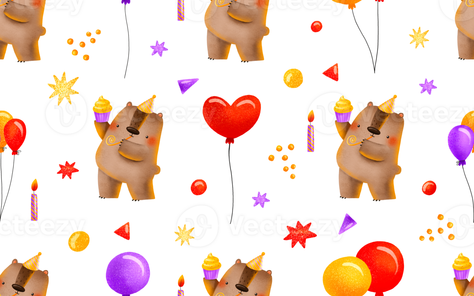 Seamless pattern with a bear for a kids holiday. The bear is holding a cake. Cartoon festive birthday background with balloons. Children's hand-drawn background for birthdays and children's holidays png