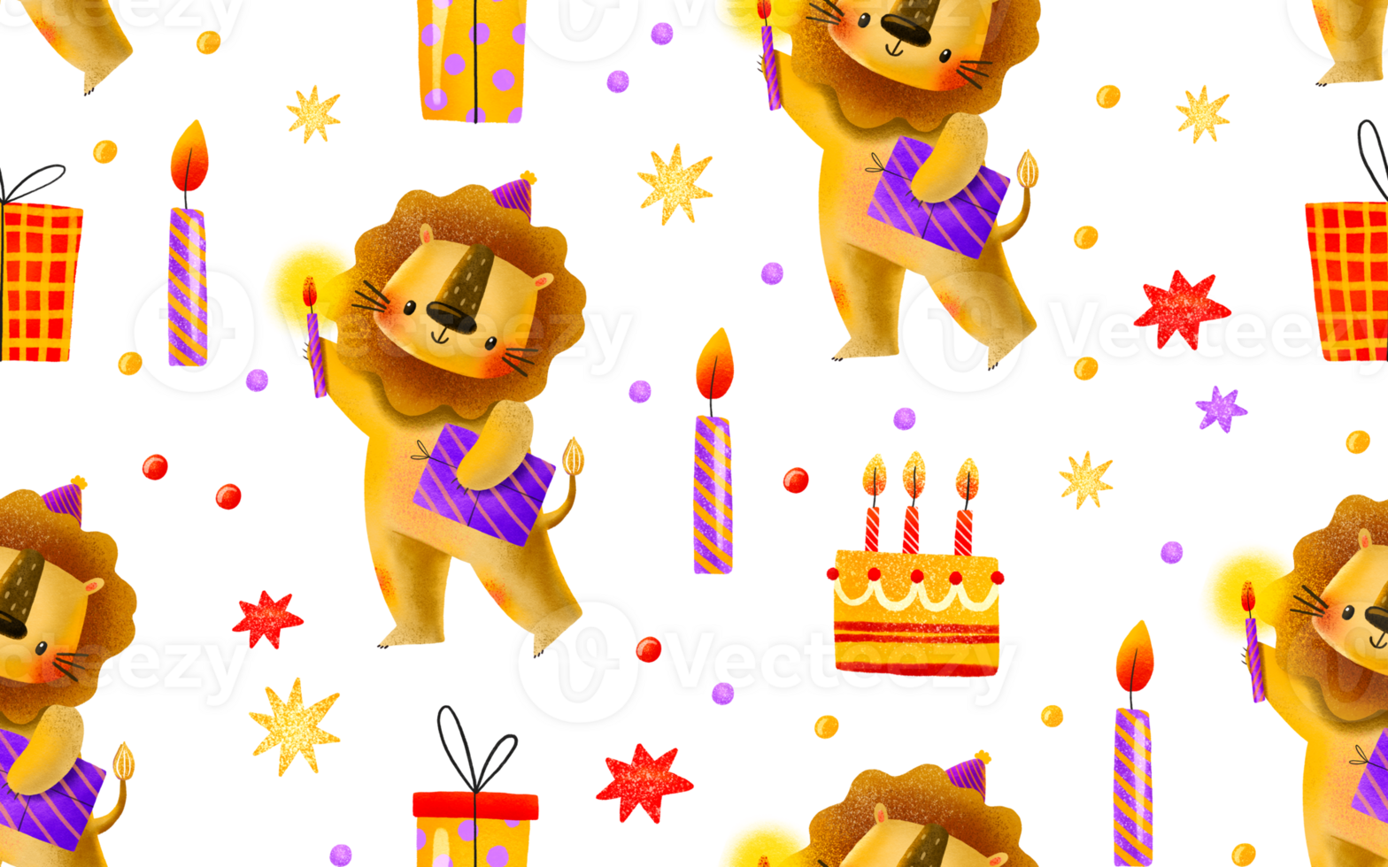 Seamless pattern with a lion for a kids holiday. Lion with gifts, cakes and holiday decorations. Cartoon festive birthday background. Children's hand-drawn background for birthdays png