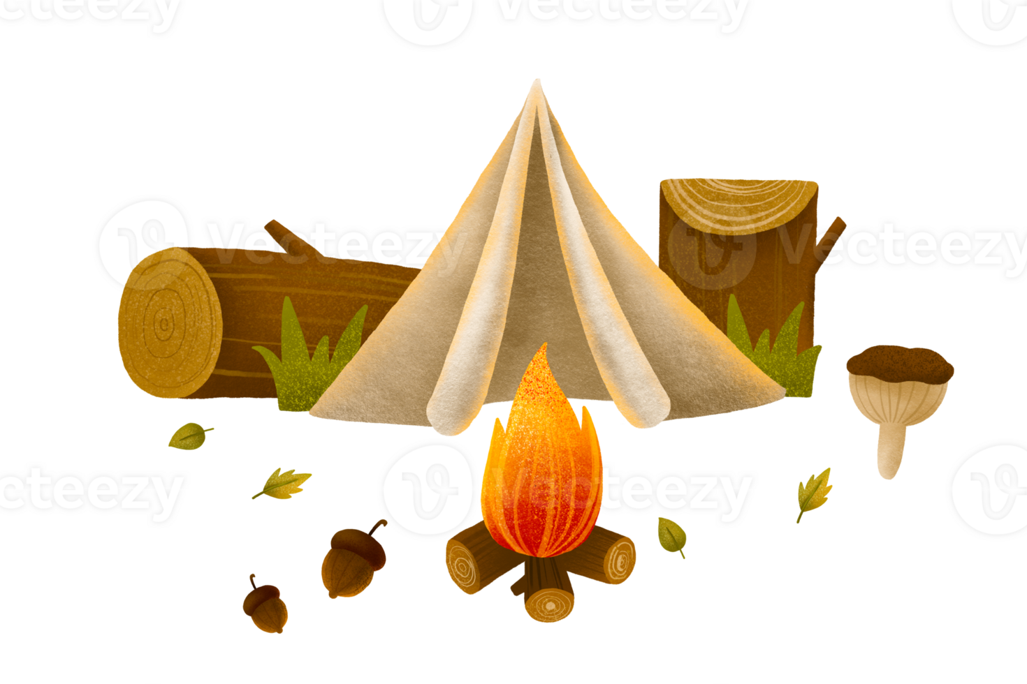 Composition with a tent in the forest near a fire. Hiking in the mountains. Tourism. Cute childish hand drawn illustration on isolated background png