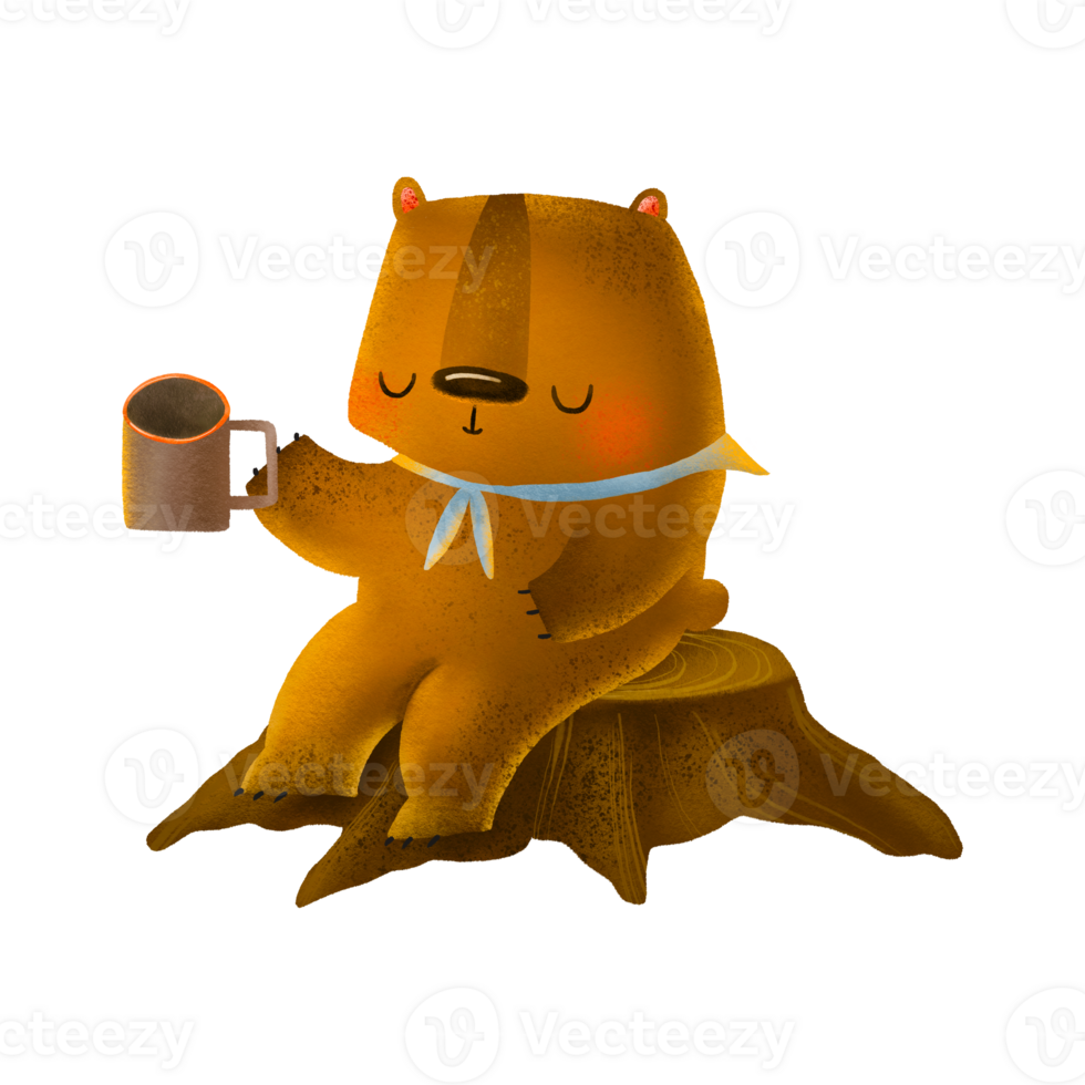 A cute cartoon bear sits on a tree stump and drinks tea. A bear on a hike. Tourist. Hand drawn illustration on isolated background png