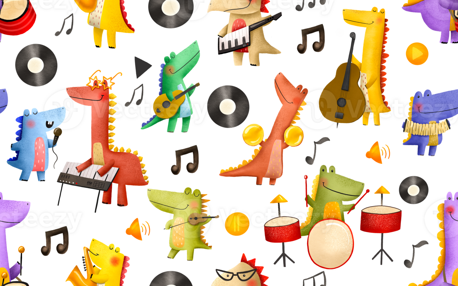 Seamless pattern with dinosaur musicians. Rock stars play musical instruments. Synthesizer drums saxophone guitar cello violin. Concert of a music group. Endless hand drawn background. png