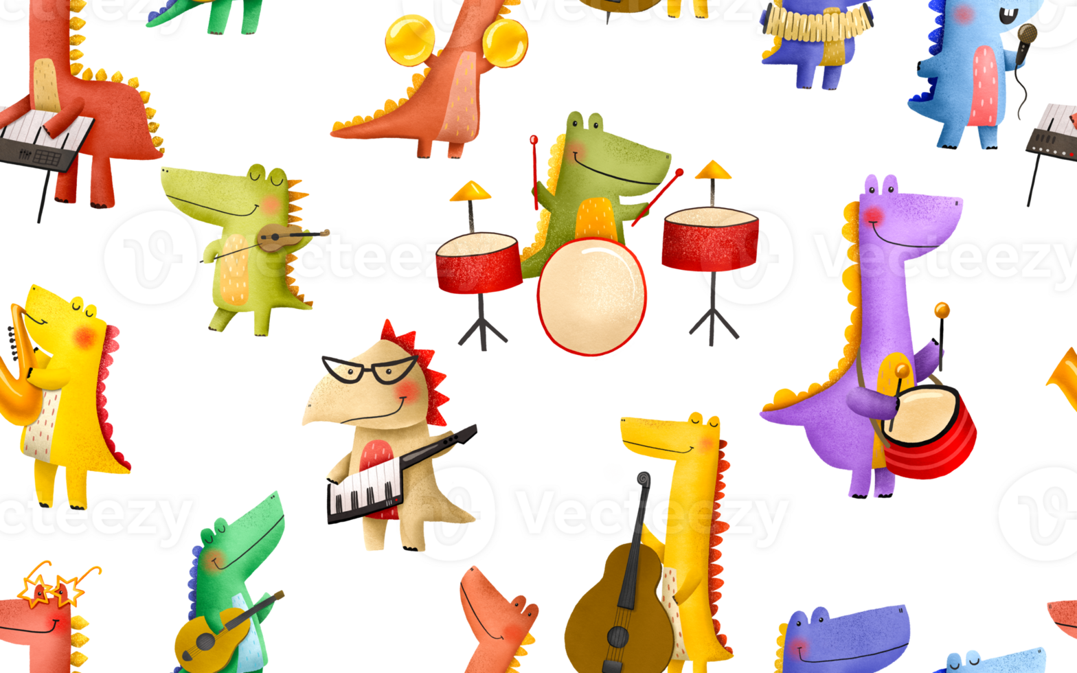 Seamless pattern with cartoon dinosaurs musicians. Rock stars play musical instruments. Concert of a music group. Funny hand-drawn orchestra artists. Endless hand drawn background. png