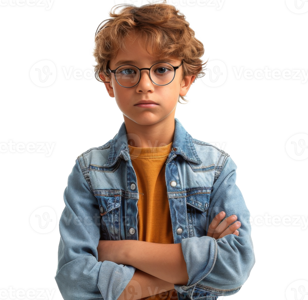 AI generated Young Boy With Glasses Standing Crossed Arms png