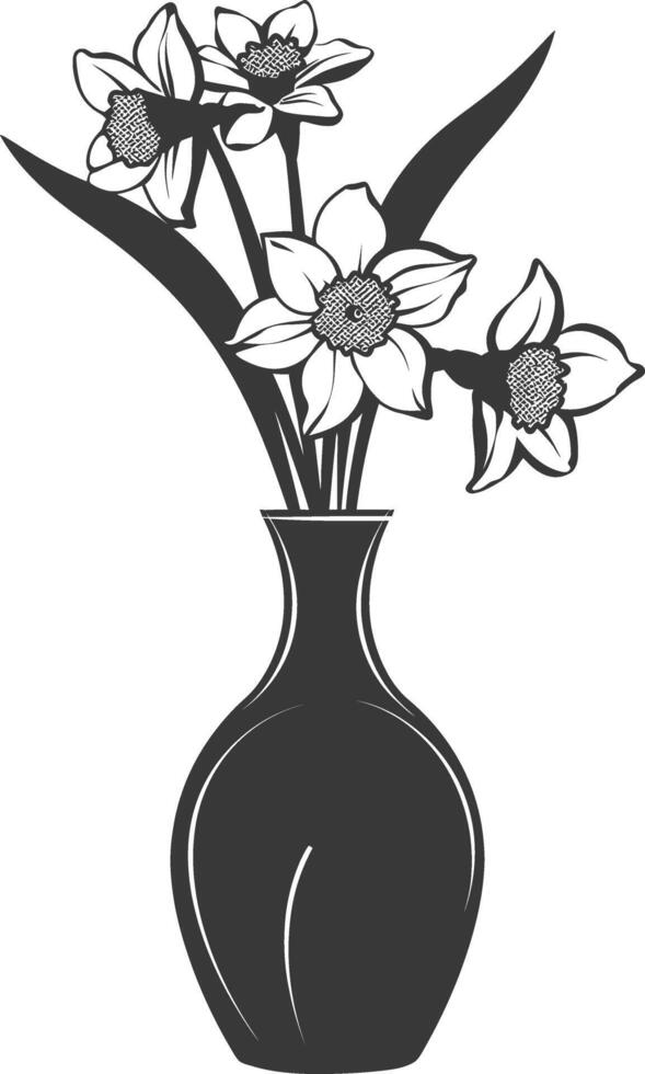 AI generated Silhouette daffodil flower in the vase black color only vector