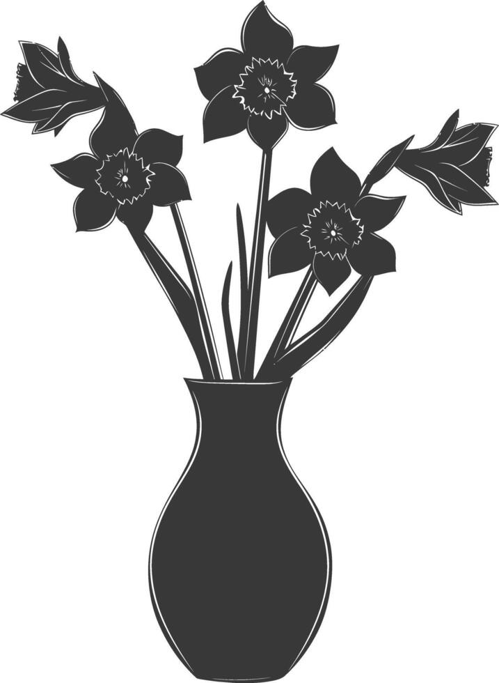 AI generated Silhouette daffodil flower in the vase black color only vector