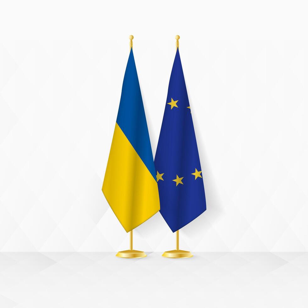 Ukraine and European Union flags on flag stand, illustration for diplomacy and other meeting between Ukraine and European Union. vector