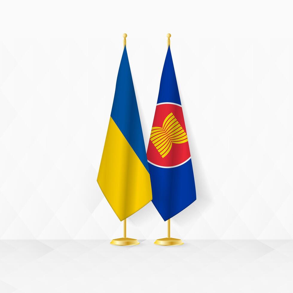 Ukraine and ASEAN flags on flag stand, illustration for diplomacy and other meeting between Ukraine and ASEAN. vector