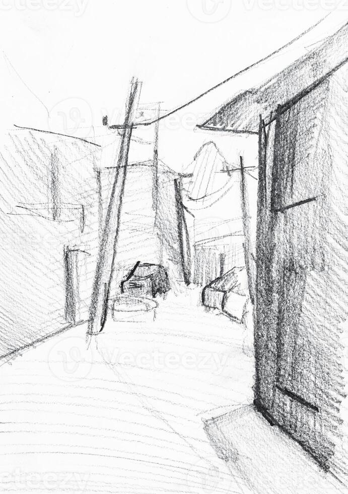 small street in old town drawn by hand on paper photo