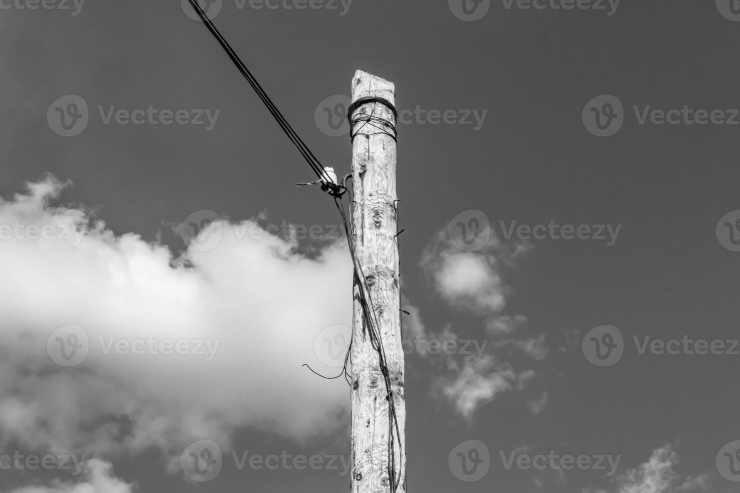 Power electric pole with line wire on light background close up photo