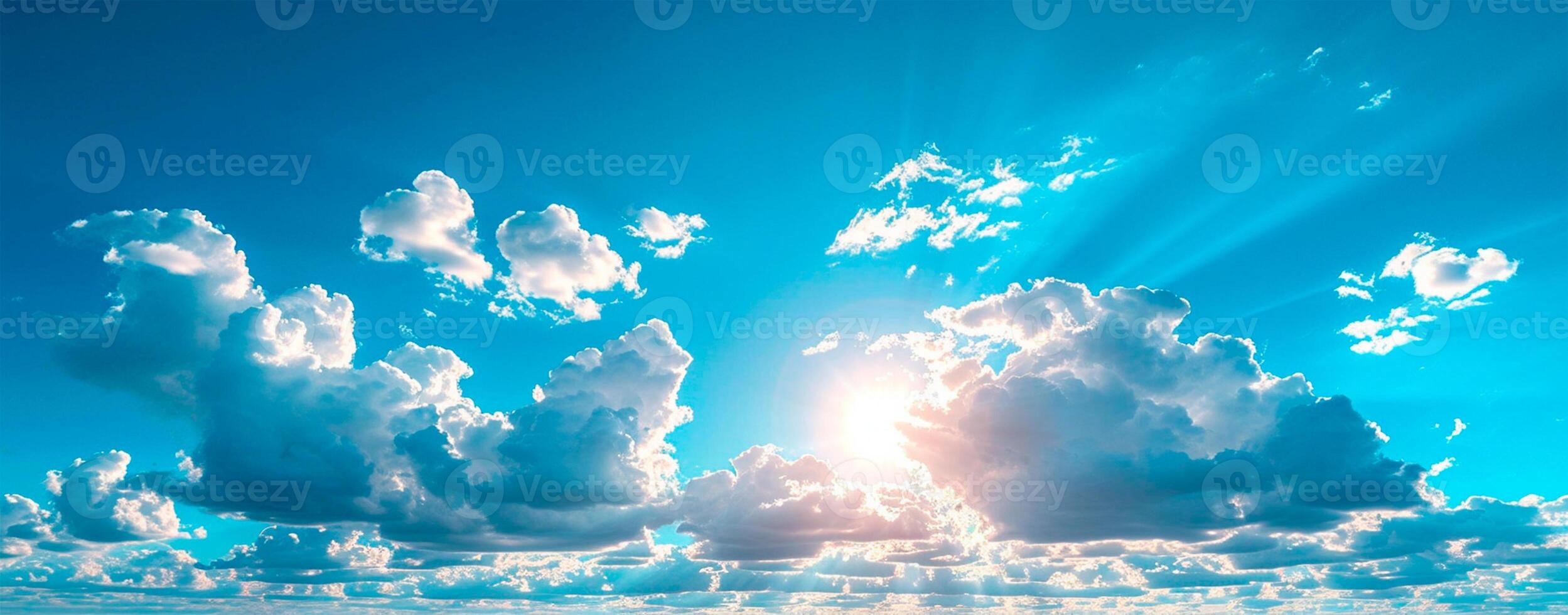 AI generated Blue sky with bright sun as abstract panoramic background - AI generated image photo