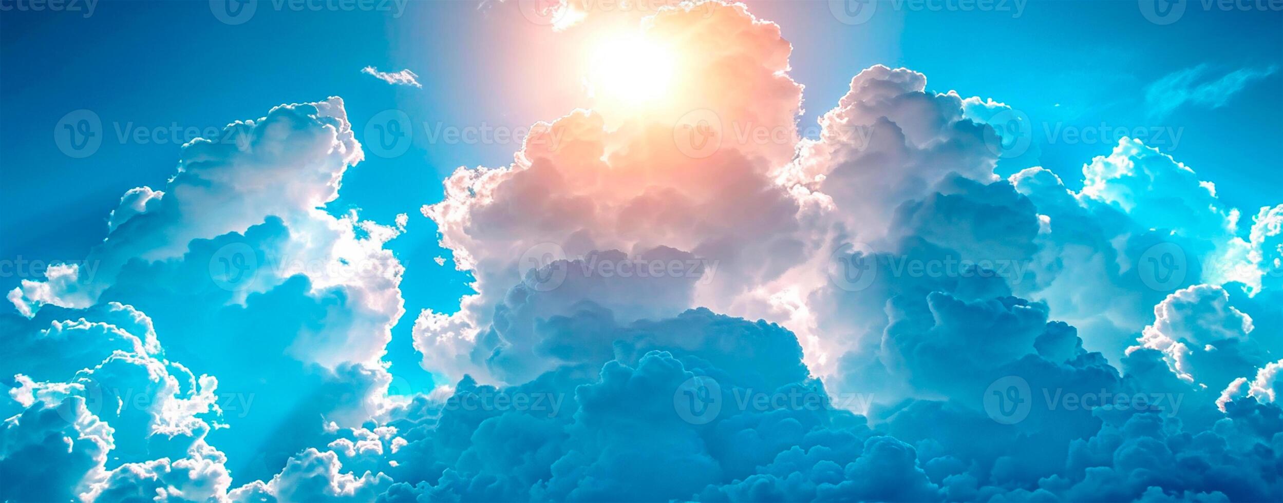 AI generated Blue sky with bright sun as abstract panoramic background - AI generated image photo