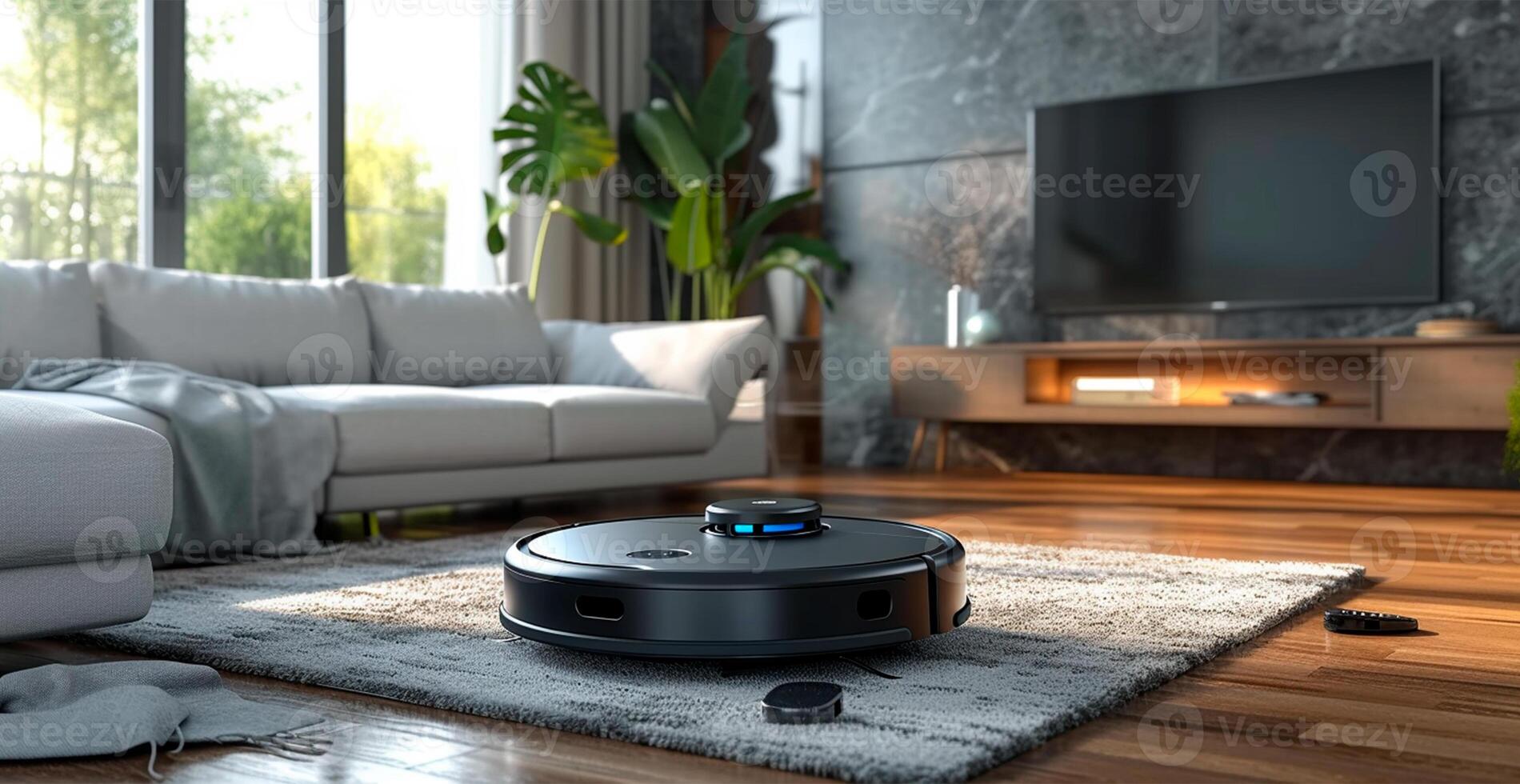 AI generated A robot vacuum cleaner does dry and wet cleaning of the house, modern technologies - AI generated image photo